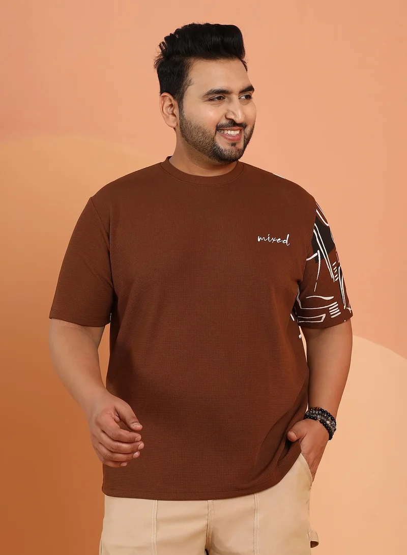 انستافاب بلس Instafab Plus Men's Mocha Brown Boxy Folk-Wave T-Shirt For Casual Wear | Crew Neck | Short Regular Sleeves | Pull On Closure | Plus Size T-Shirt Crafted With Comfort Fit For Everyday Wear