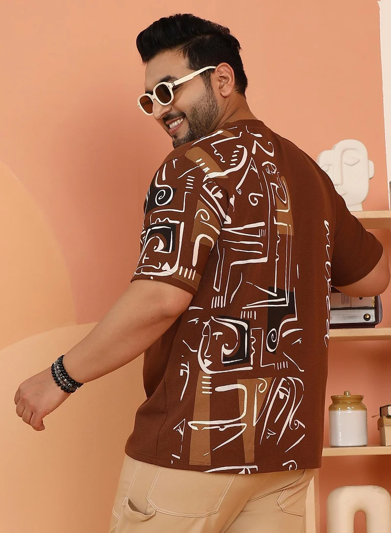Instafab Plus Instafab Plus Men's Mocha Brown Boxy Folk-Wave T-Shirt For Casual Wear | Crew Neck | Short Regular Sleeves | Pull On Closure | Plus Size T-Shirt Crafted With Comfort Fit For Everyday Wear