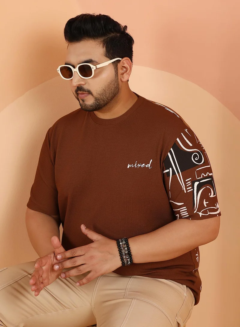 انستافاب بلس Instafab Plus Men's Mocha Brown Boxy Folk-Wave T-Shirt For Casual Wear | Crew Neck | Short Regular Sleeves | Pull On Closure | Plus Size T-Shirt Crafted With Comfort Fit For Everyday Wear