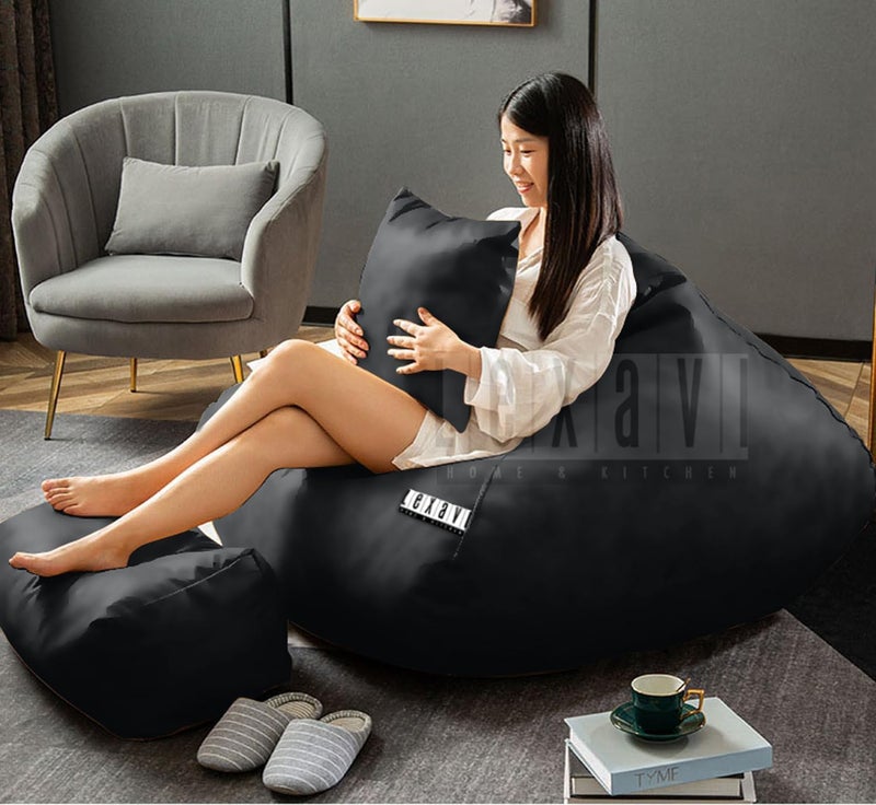 LEXAVI Brand® - Next Level Lifestyle Suits Your Home Decore |Suede Faux Leather Beanbag Combo with Footrest & Pillow (Cover Only) |Capacity: Upto 6Ft Height,120 KG Weight |Color (5XL Black) - Image 2