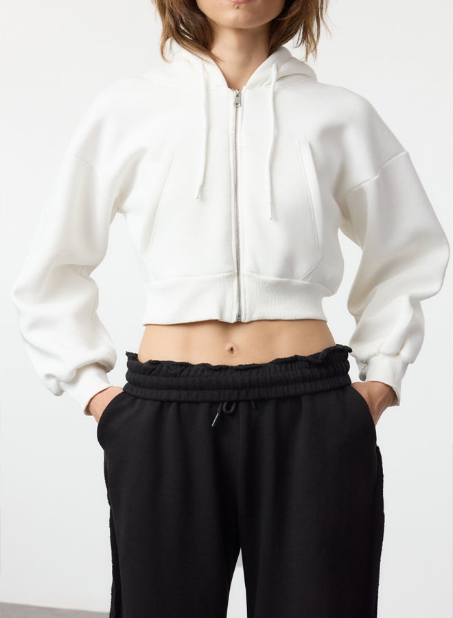 trendyol Thick and Fleece Hooded Ecru Knitted Sweatshirt - Regular Fit - Image 4