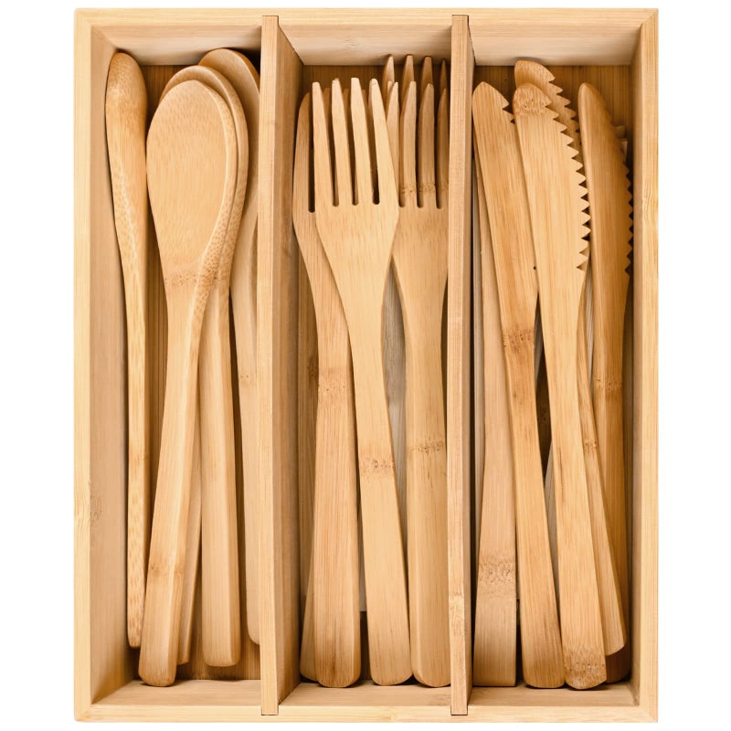 pyntop Bamboo Cutlery Reusable with Silverware Organizer 16Pcs Flatware Set with Bamboo Forks Spoons Knives Reusable Cutlery with Portable Storage Case for Home and Travel Camping Hiking