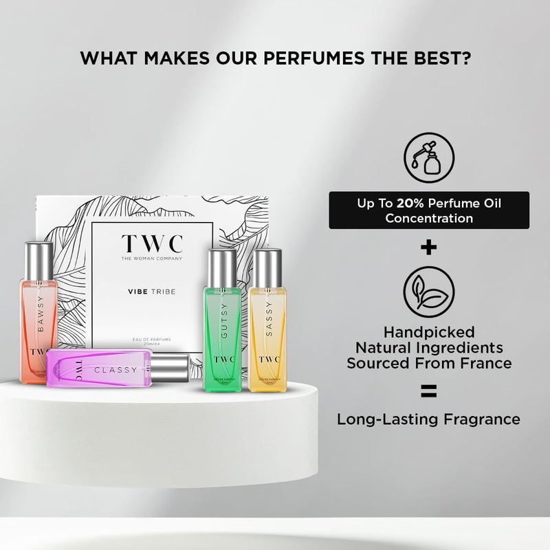 THE WOMAN'S COMPANY The Woman Company Vibe Tribe Perfume Gift Set for Women – 4*20ml | Premium Long-Lasting Fragrance | Specially Curated Perfumes | Bawsy for Office Going | Classy for Date | Gutsy for Outing | Sassy for - Image 2