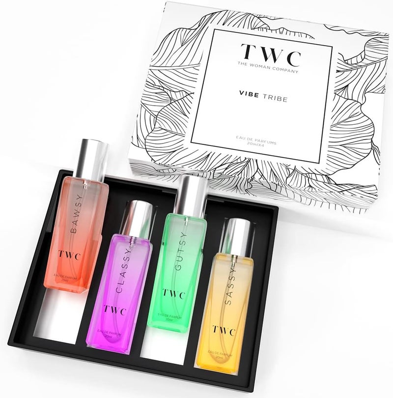 THE WOMAN'S COMPANY The Woman Company Vibe Tribe Perfume Gift Set for Women – 4*20ml | Premium Long-Lasting Fragrance | Specially Curated Perfumes | Bawsy for Office Going | Classy for Date | Gutsy for Outing | Sassy for - Image 1
