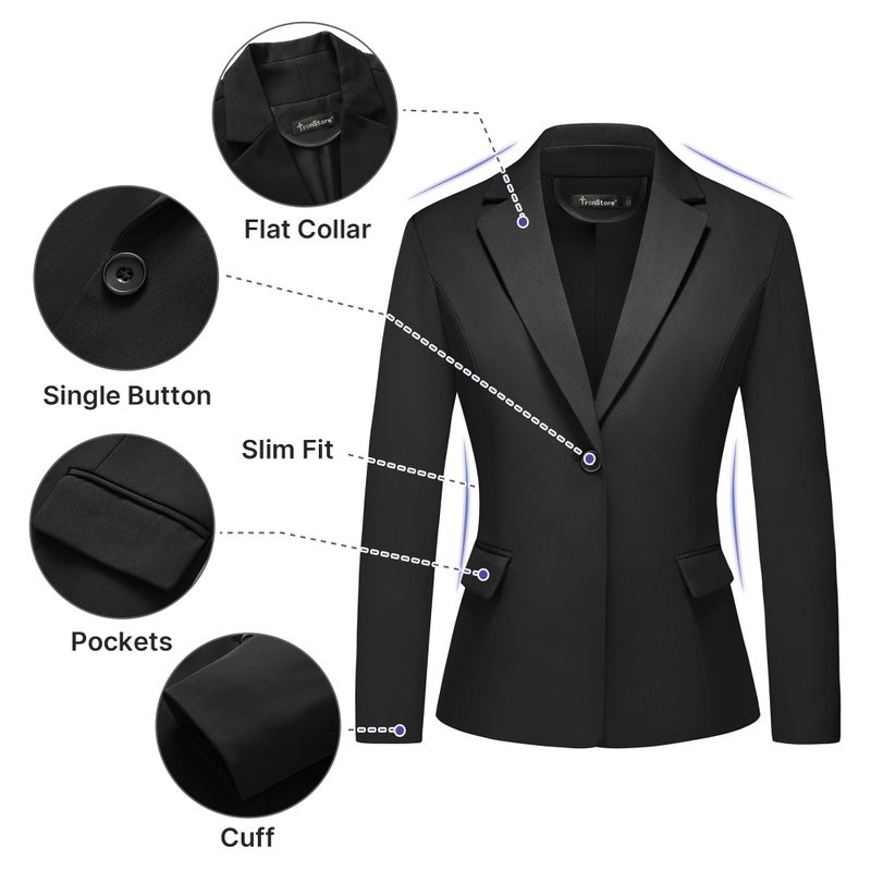 TRONSTORE Women's Business Solid Suit 2 Piece Slim Fit Classic Blazer Pants Set for Women Formal Office Black L - Image 2