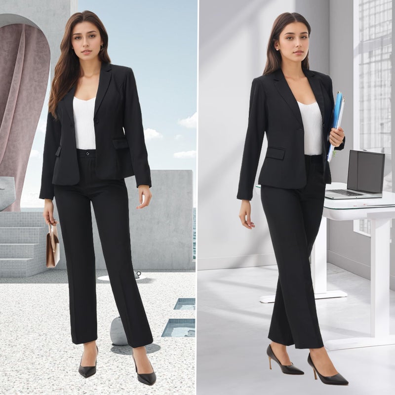 TRONSTORE Women's Business Solid Suit 2 Piece Slim Fit Classic Blazer Pants Set for Women Formal Office Black L - Image 5