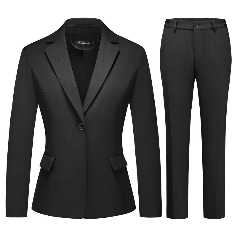 TRONSTORE Women's Business Solid Suit 2 Piece Slim Fit Classic Blazer Pants Set for Women Formal Office Black L - Image 1