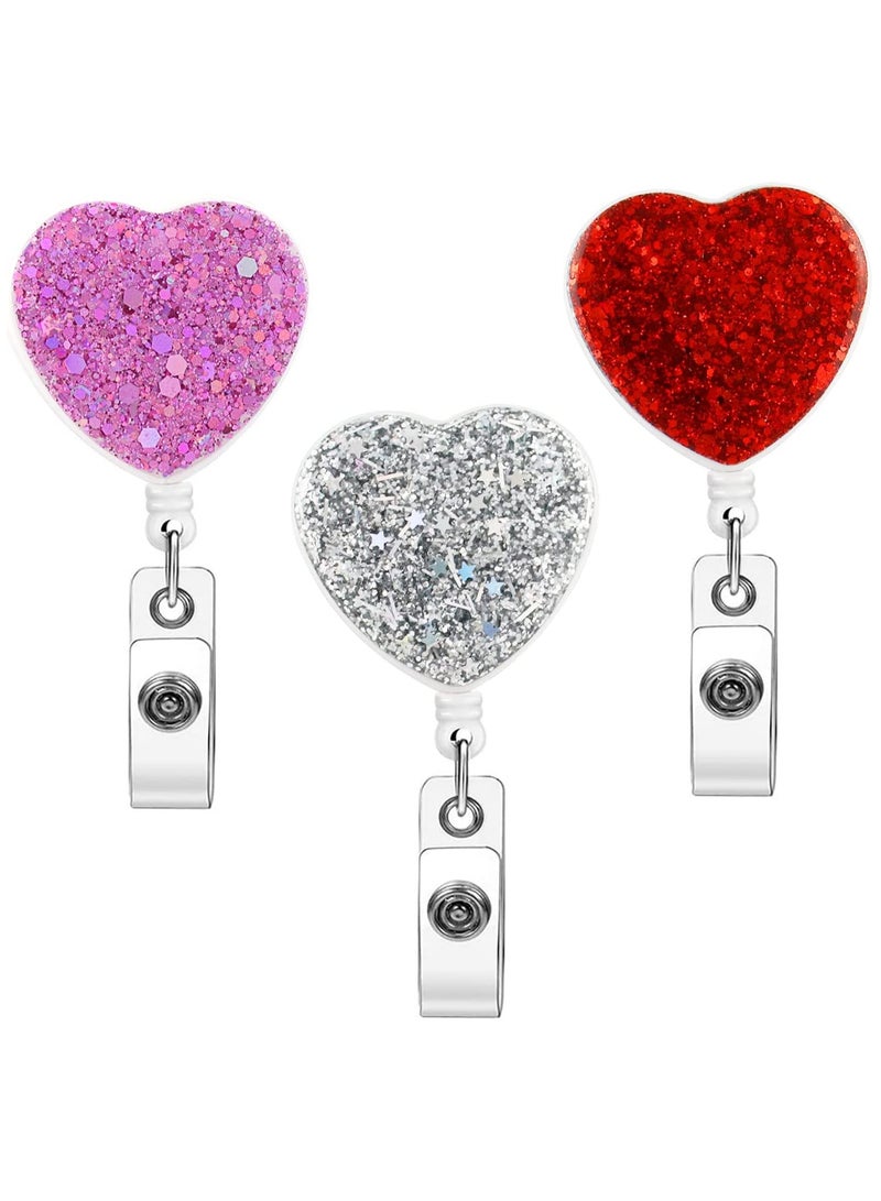 SOLARAE 3 Pack Retractable ID Badge Holder Reel with Clip, Bling Name Badge Reels Retractable Card Holder for Office Worker Teacher Doctor Nurse (Heart) - Image 1