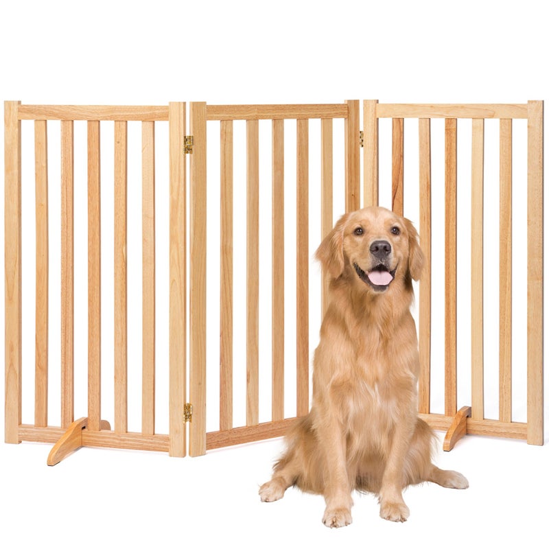 36 Height Extra Tall Freestanding Pet Gate Solid Wood Folding Safety Fence Wooden Dog Gate with 2 PCs Support Feet Ideal for Stairs Doorways Halls Kitchens Heavy Duty Gates 3 Panels Oak