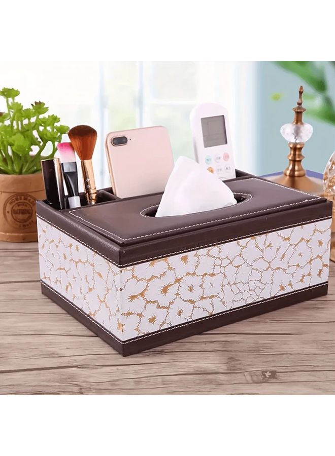 White Faux Leather Tissue Box Organizer With Storage Compartments Remote Phone Holder - Image 1