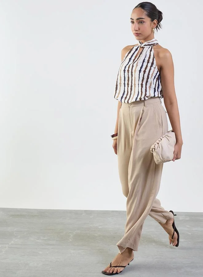 Femmella Multi-Colored Abstract Striped Halter Neck Sleeveless Top