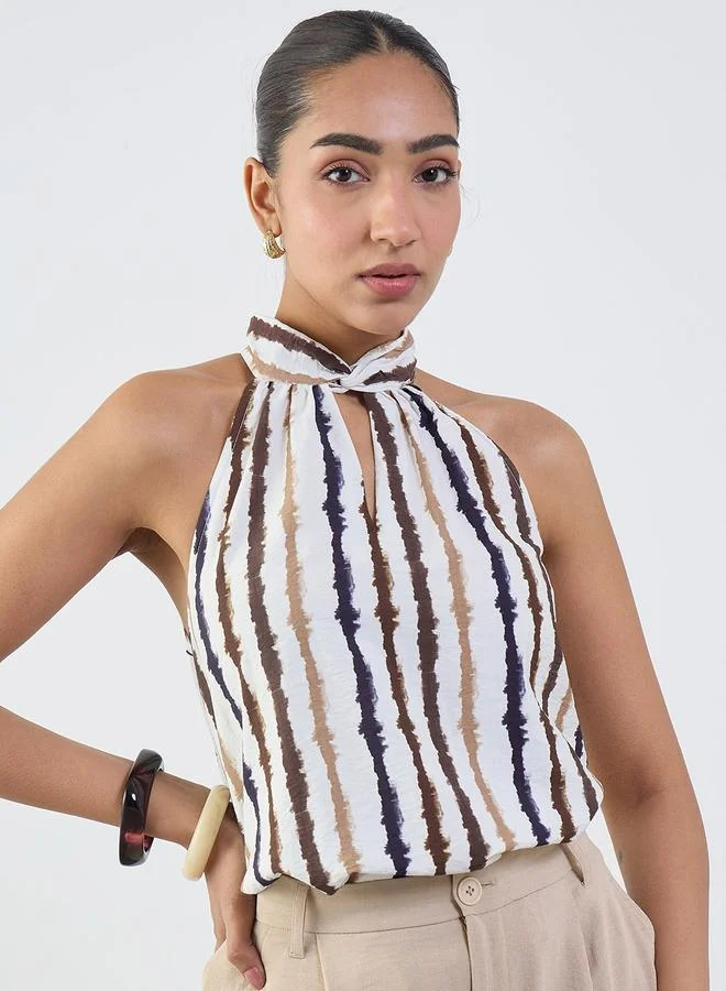 Femmella Multi-Colored Abstract Striped Halter Neck Sleeveless Top