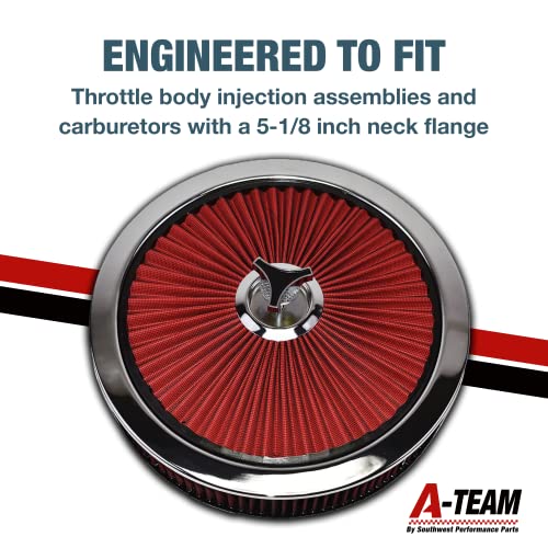 A-Team Performance مجموعة فلتر الهواء عالي التدفق من A-Team Performance - 14 × 3 بوصة فلتر دائري أحمر - قمة وقاعدة كروم مع عنصر فلتر أحمر وصمولة نجمة - Image 4