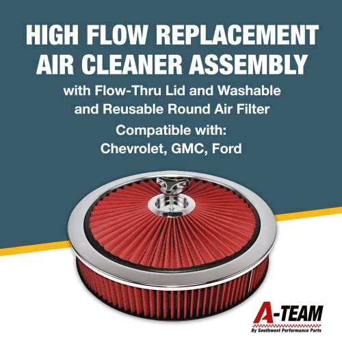 A-Team Performance مجموعة فلتر الهواء عالي التدفق من A-Team Performance - 14 × 3 بوصة فلتر دائري أحمر - قمة وقاعدة كروم مع عنصر فلتر أحمر وصمولة نجمة - Image 3