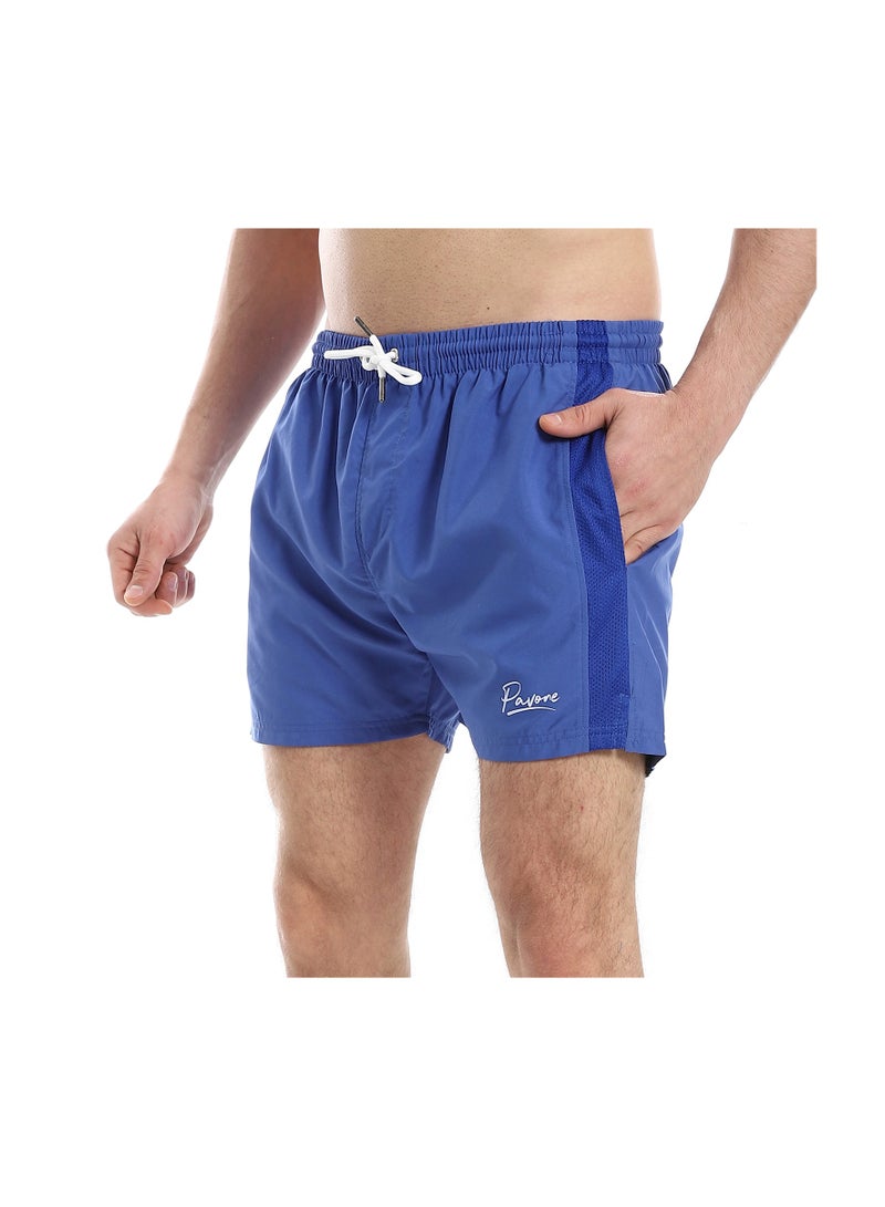 Pavone Elastic Waist Slash Pockets Plain Swim Shorts - Royal Blue - Image 2