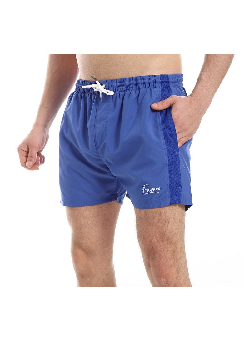 Pavone Elastic Waist Slash Pockets Plain Swim Shorts - Royal Blue - Image 4