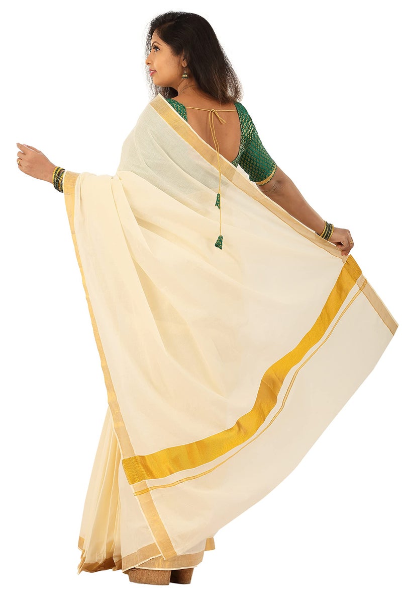 YETTALAN® Women's Kerala Traditional Cotton Cream Color Plain Saree with Kasavu Border | Running Blouse | Ethnic South Indian Saree for Weddings, Festivals, Onam & Special Occasions(Gold Jari Border) - Image 3