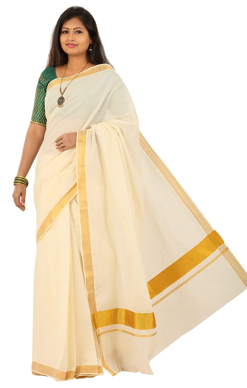 YETTALAN® Women's Kerala Traditional Cotton Cream Color Plain Saree with Kasavu Border | Running Blouse | Ethnic South Indian Saree for Weddings, Festivals, Onam & Special Occasions(Gold Jari Border) - Image 1