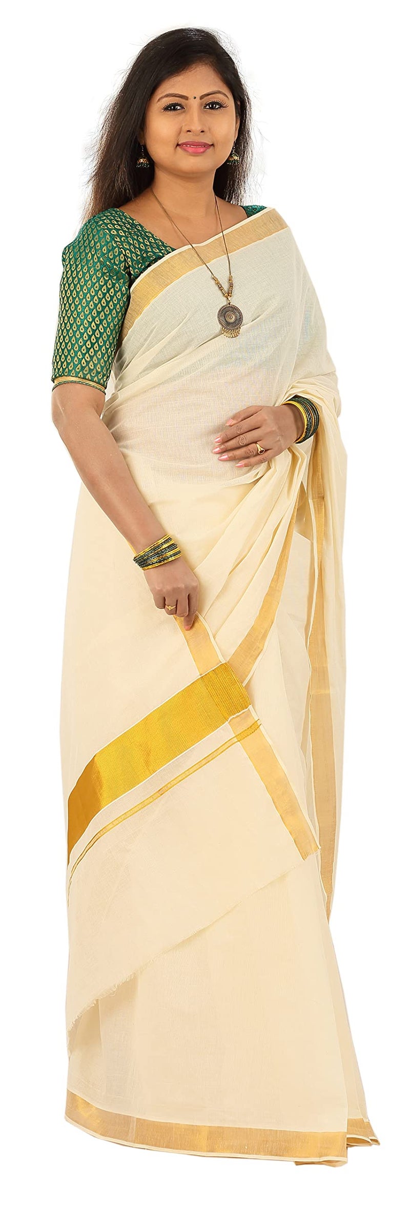 YETTALAN® Women's Kerala Traditional Cotton Cream Color Plain Saree with Kasavu Border | Running Blouse | Ethnic South Indian Saree for Weddings, Festivals, Onam & Special Occasions(Gold Jari Border) - Image 2