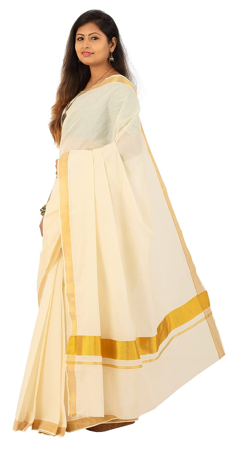 YETTALAN® Women's Kerala Traditional Cotton Cream Color Plain Saree with Kasavu Border | Running Blouse | Ethnic South Indian Saree for Weddings, Festivals, Onam & Special Occasions(Gold Jari Border) - Image 4