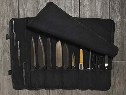 Asaya Canvas Chef Knife Roll Bag - 10 Knife Slots and a Large Zipper Pocket - Durable 10oz Canvas Knife Case with an Adjustable Shoulder Strap - Knives not Included - Image 2
