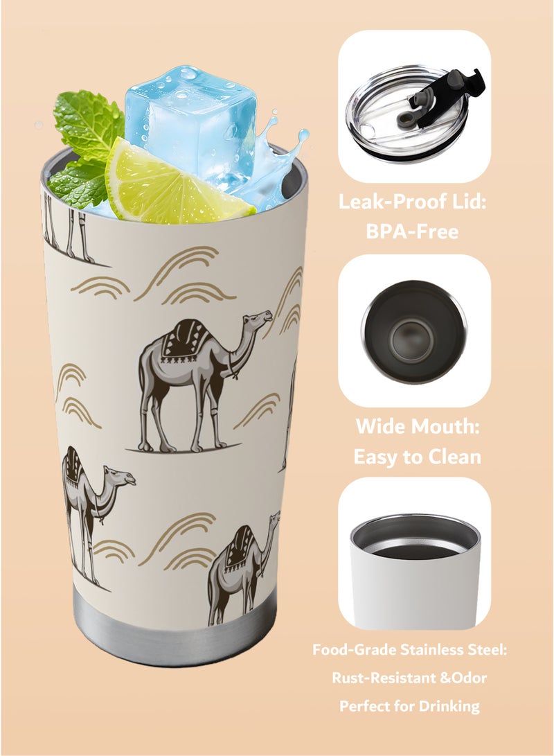 Galadune stainless steel travel coffee mug, double-wall vacuum insulated mug, Arabian grey camel pattern mug, 20 oz, suitable for iced and hot drinks - Image 5