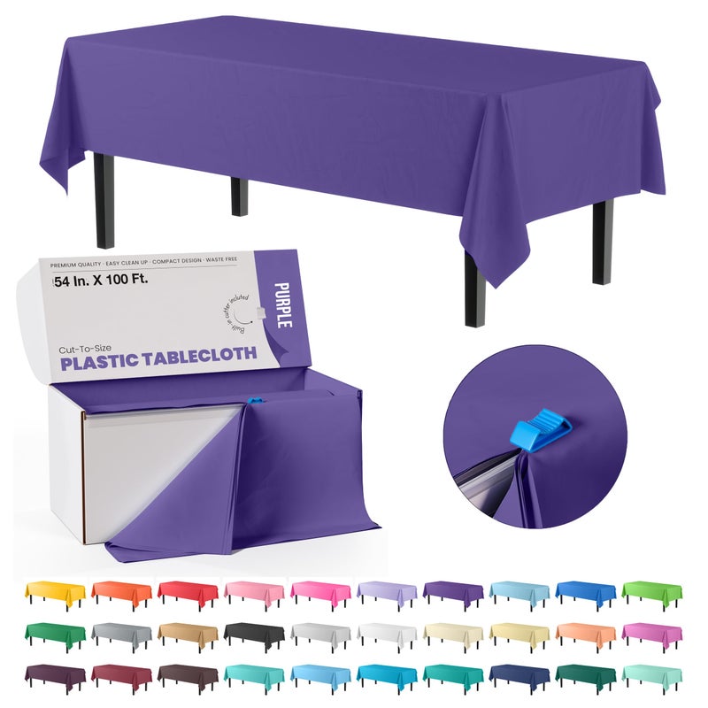 Party Solids Exquisite Party Solids 54 Inch X 100 Feet Purple Plastic Table Cover Roll in A Cut  to  Size Box with Convenient Slide Cutter Cuts Up to 12 Rectangle 8 Feet Plastic Disposable Tablecloths