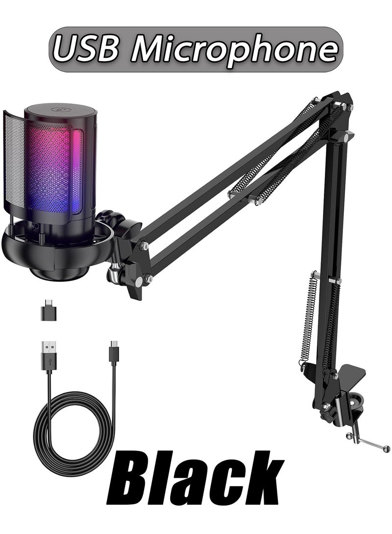 Gaming Microphone USB Condenser Mic for PC Laptop PS4 PS5, RGB Streaming Microphone with Quick Mute Button, Adjustable Tripod Stand, Pop Filter, Shock Mount, 360° Rotatable Gain Control, Plug and Play Studio Mic for Podcast, Recording, YouTube, Gaming, Live Streaming (Black) - Image 1