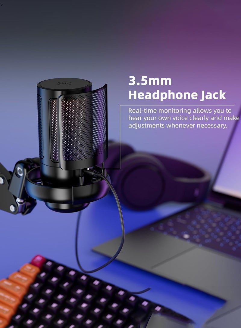 Gaming Microphone USB Condenser Mic for PC Laptop PS4 PS5, RGB Streaming Microphone with Quick Mute Button, Adjustable Tripod Stand, Pop Filter, Shock Mount, 360° Rotatable Gain Control, Plug and Play Studio Mic for Podcast, Recording, YouTube, Gaming, Live Streaming (Black) - Image 5