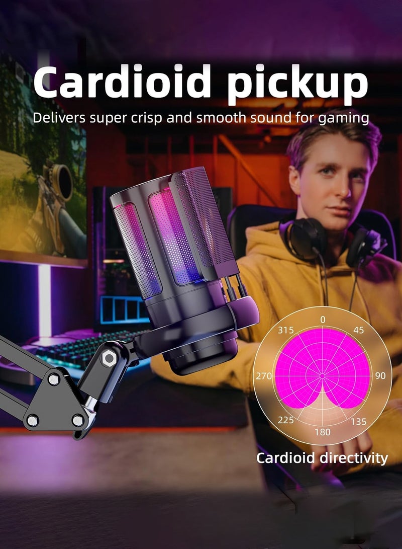 Gaming Microphone USB Condenser Mic for PC Laptop PS4 PS5, RGB Streaming Microphone with Quick Mute Button, Adjustable Tripod Stand, Pop Filter, Shock Mount, 360° Rotatable Gain Control, Plug and Play Studio Mic for Podcast, Recording, YouTube, Gaming, Live Streaming (Black) - Image 4