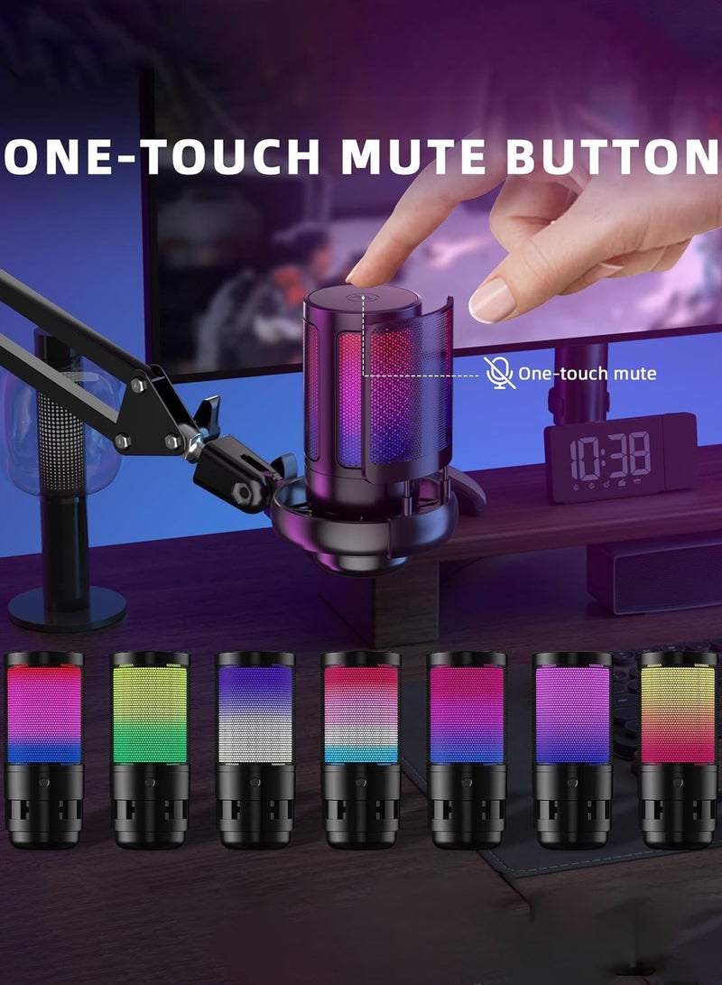 Gaming Microphone USB Condenser Mic for PC Laptop PS4 PS5, RGB Streaming Microphone with Quick Mute Button, Adjustable Tripod Stand, Pop Filter, Shock Mount, 360° Rotatable Gain Control, Plug and Play Studio Mic for Podcast, Recording, YouTube, Gaming, Live Streaming (Black) - Image 3