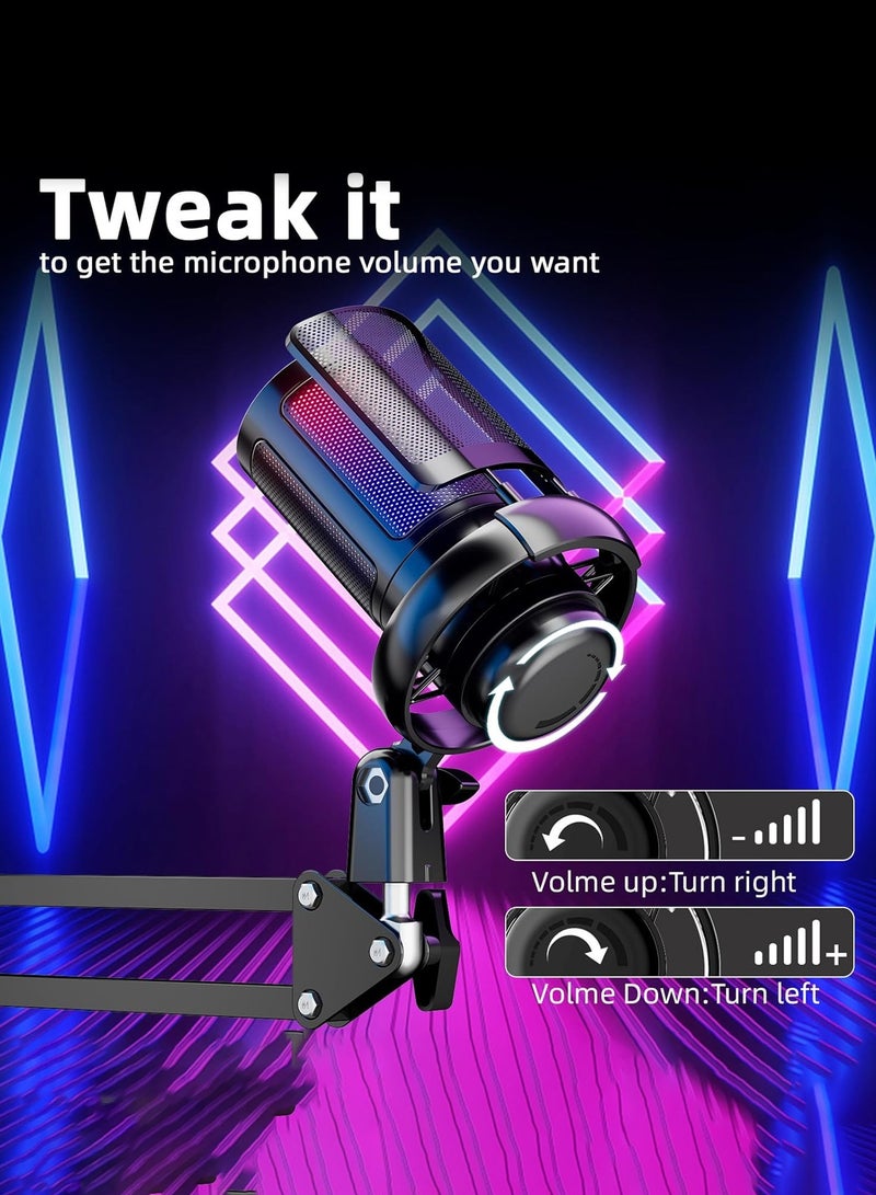 Gaming Microphone USB Condenser Mic for PC Laptop PS4 PS5, RGB Streaming Microphone with Quick Mute Button, Adjustable Tripod Stand, Pop Filter, Shock Mount, 360° Rotatable Gain Control, Plug and Play Studio Mic for Podcast, Recording, YouTube, Gaming, Live Streaming (Black) - Image 2