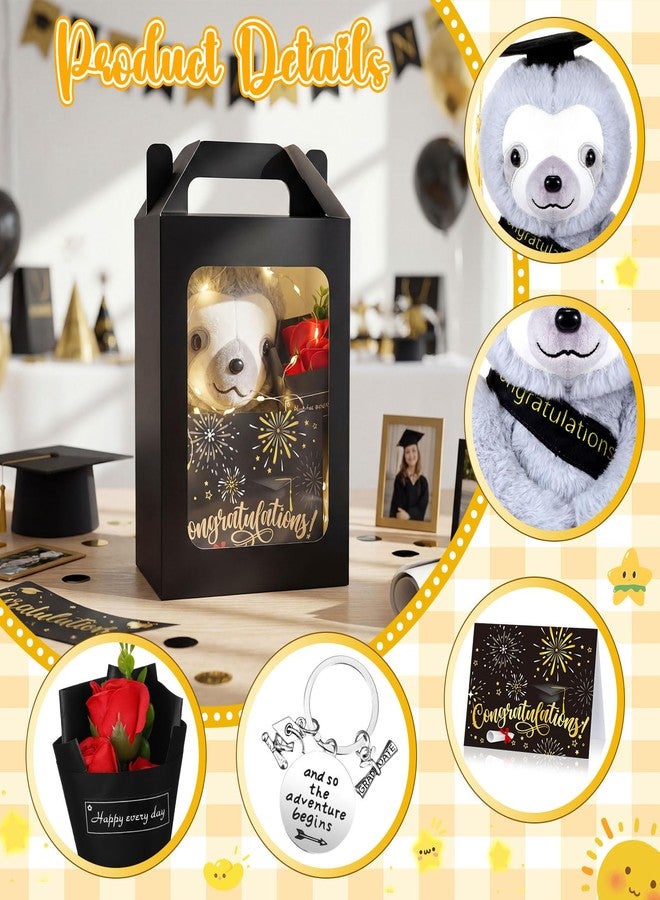 Vinsot 2026 Graduation Gifts Set for Him Plush Sloth Stuffed Animal Artificial Soap Flower Card Keychain Gift Box with Window Graduation Gift for Friends(Yellow and Black) - Image 4