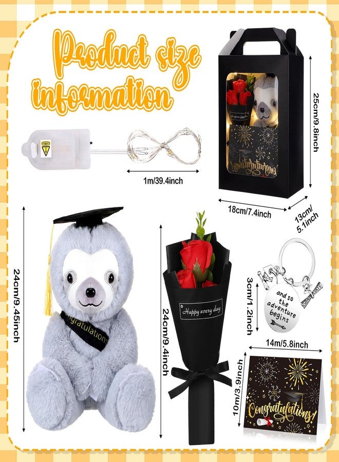 Vinsot 2026 Graduation Gifts Set for Him Plush Sloth Stuffed Animal Artificial Soap Flower Card Keychain Gift Box with Window Graduation Gift for Friends(Yellow and Black) - Image 3