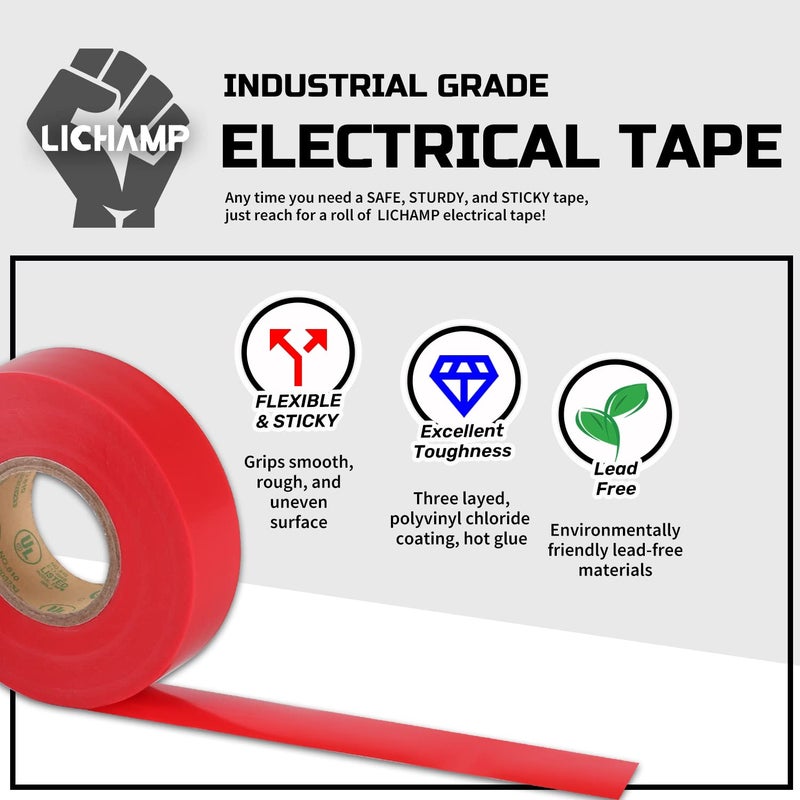 Lichamp 10-Pack Red Electrical Tape Waterproof, 3/4 in x 66ft, Industrial Grade UL/CSA Listed High Temp Electrical Tape Electric Super Vinyl - Image 2
