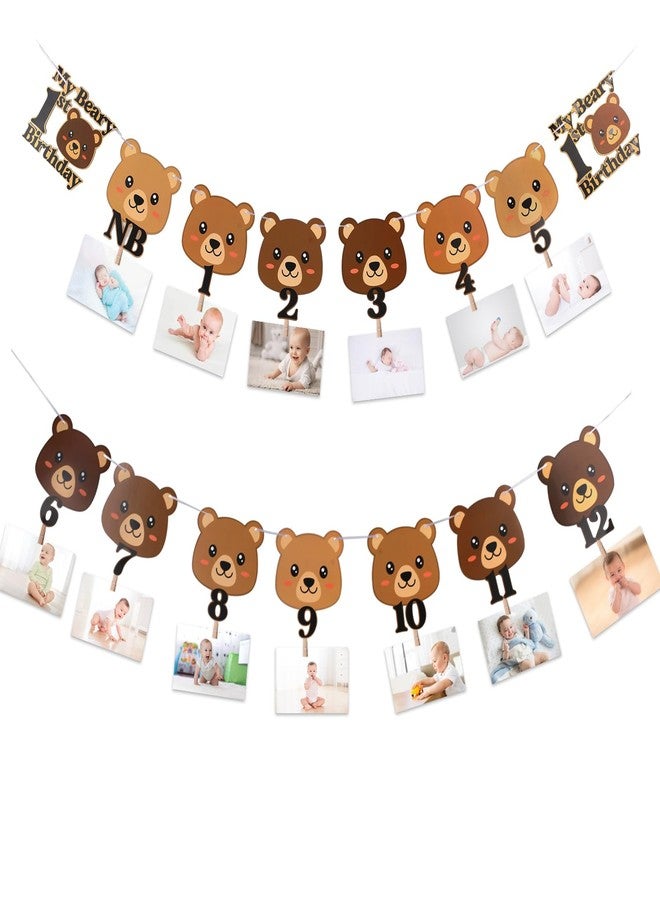 Urlax Beary First Birthday Banner - Cute Bear Monthly Milestone Banner for Newborn to 12 Months - 1st Birthday Party Decor - Image 1