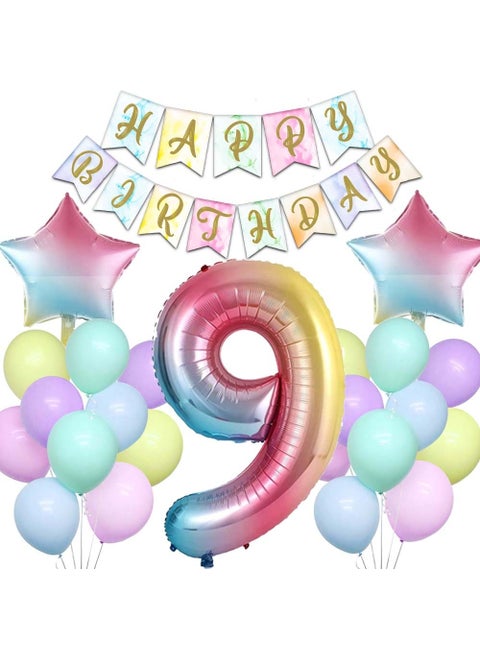 Exploded Rainbow Concept 9 Years Birthday Party Celebration Set; Number and Star Foil, Banner and Macaron Balloon