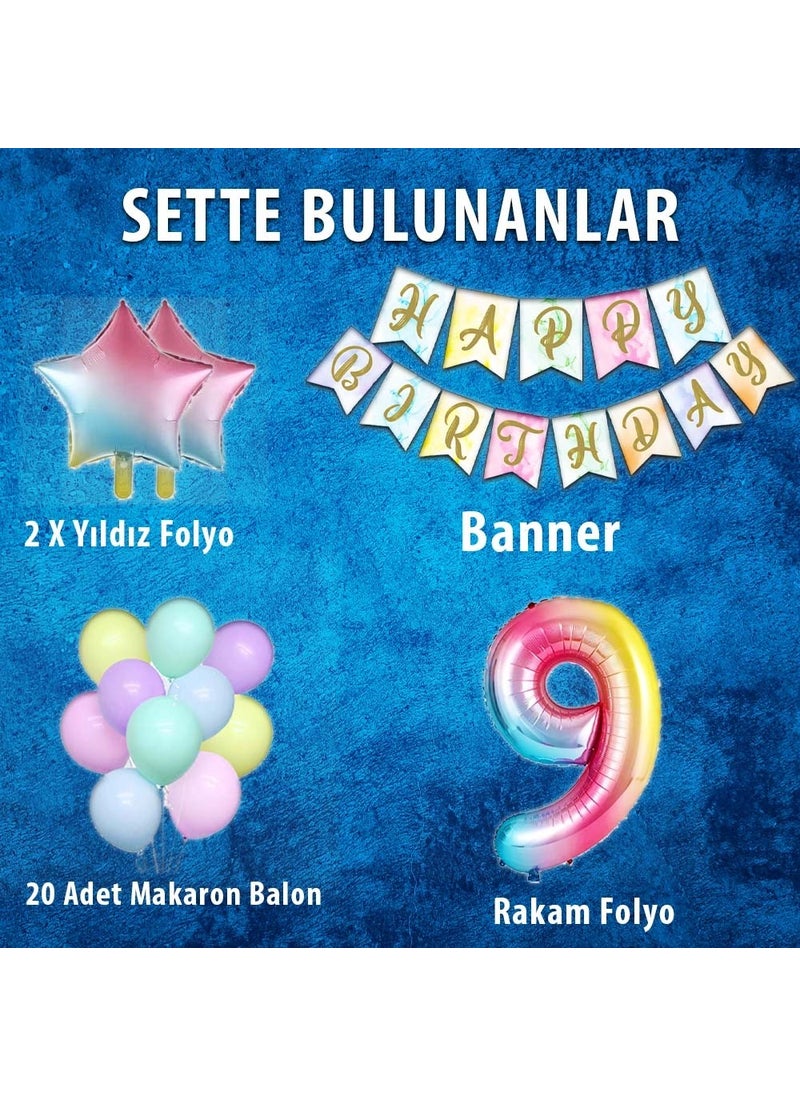 Patladı Gitti - Exploded Rainbow Concept 9 Years Birthday Party Celebration Set; Number and Star Foil, Banner and Macaron Balloon - Image 1