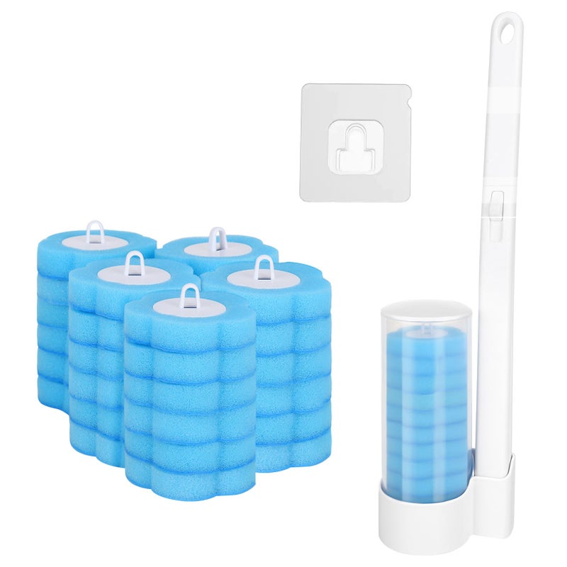 FRIUSATE 32 Pcs Toilet Brush Replacement Head with Handle Disposable Toilet Brush Wallmounted Holder Cleaner Set Toilet Wand Kit Disposable Toilet Cleaning System Toilet Cleaning Brush for Bathroom