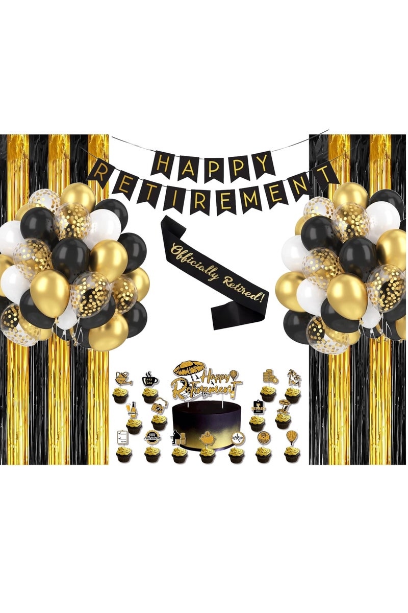 Boxwoods Happy Retirement Banner Sash Balloons Cake Toppers And Foil Fringe Curtains A Complete Party Decoration Pack - Image 1