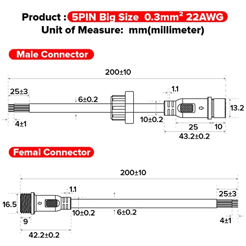 BTF-LIGHTING 5 Pin Electrical Connector 22AWG IP65 Male Female Connector 7.87in/20cm Extension Cable for Car,Truck,Boat,Indoor/Outdoor LED Strip Lights/String 22mm Nut Big Size 5 Pairs - Image 5