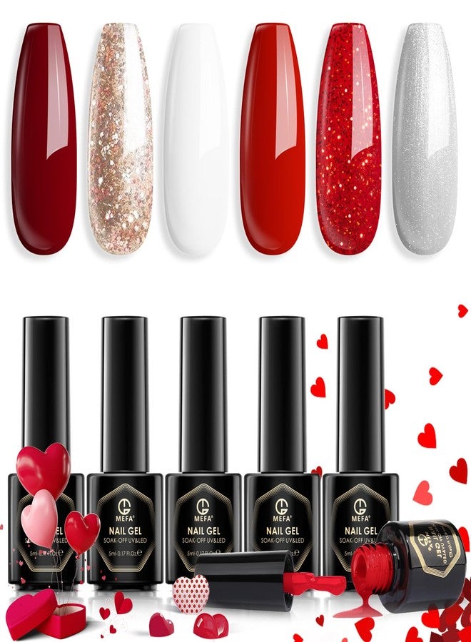 MEFA 6 Colors Red Gel Nail Polish Set, Glitter Shades Sparkle Silver Champagne Love Times Tones Salon Decorations Nail Art Design at Home Manicure DIY Kit Gifts for Women Girl - Image 1