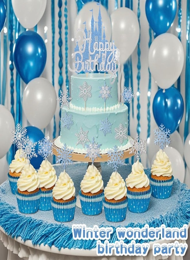 Wootkey 26Pcs Ice Castle Cake Toppers Double Layer Silver Blue Snowflake Cupcake Toppers Winter Wonderland Cake Decorations for Princess Happy Birthday Baby Shower Halloween Party Supplies - Image 5