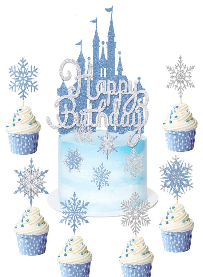 Wootkey 26Pcs Ice Castle Cake Toppers Double Layer Silver Blue Snowflake Cupcake Toppers Winter Wonderland Cake Decorations for Princess Happy Birthday Baby Shower Halloween Party Supplies - Image 1
