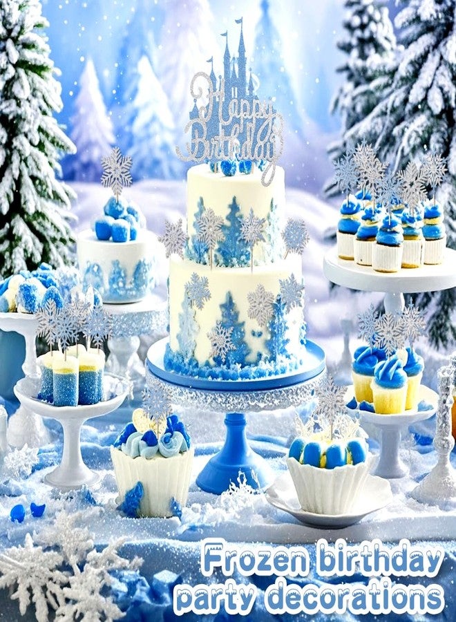 Wootkey 26Pcs Ice Castle Cake Toppers Double Layer Silver Blue Snowflake Cupcake Toppers Winter Wonderland Cake Decorations for Princess Happy Birthday Baby Shower Halloween Party Supplies - Image 4
