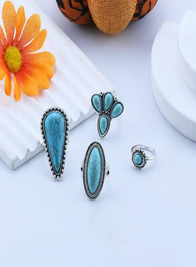 kepvrio Turquoise Ring for Women Bohemian Stackable Knuckle Rings Set Boho Turquoise Finger Ring Vintage Oval Flower Starfish Teardrop Midi Snake Ring Western Rings Jewelry (Style-A) - Image 5