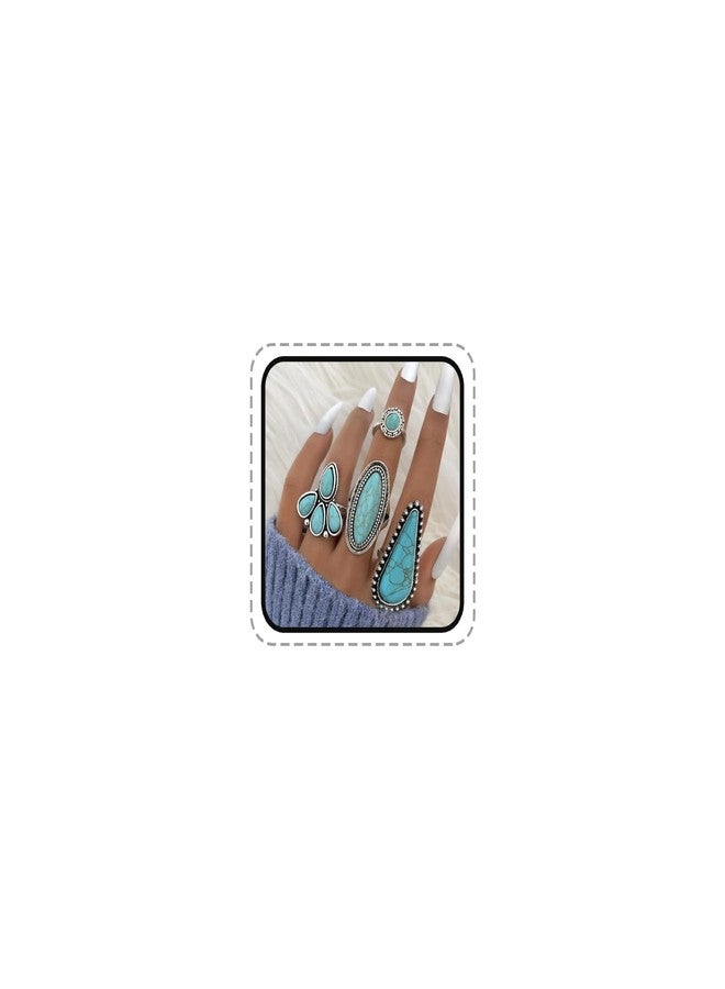 kepvrio Turquoise Ring for Women Bohemian Stackable Knuckle Rings Set Boho Turquoise Finger Ring Vintage Oval Flower Starfish Teardrop Midi Snake Ring Western Rings Jewelry (Style-A) - Image 1