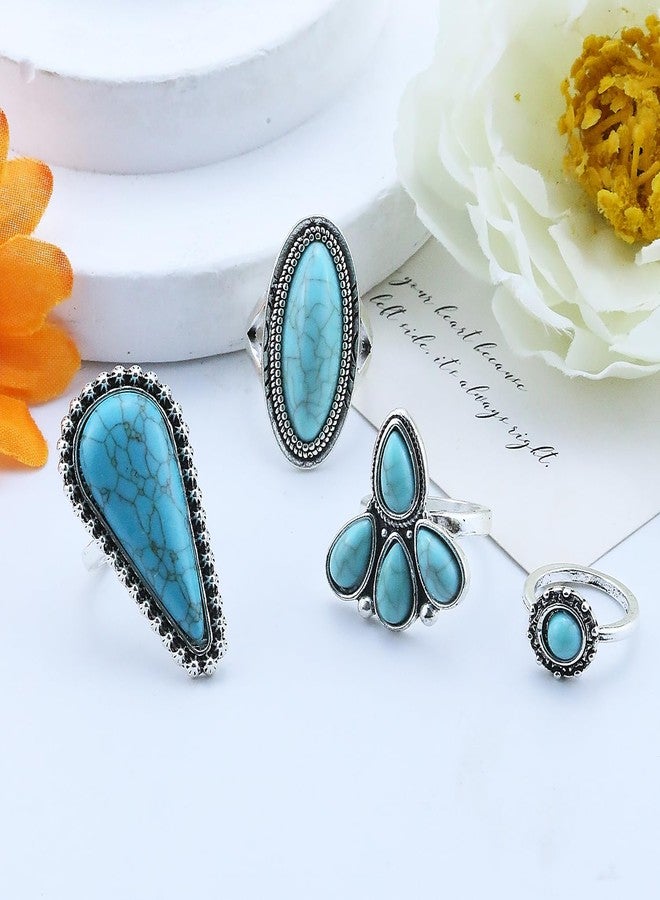 kepvrio Turquoise Ring for Women Bohemian Stackable Knuckle Rings Set Boho Turquoise Finger Ring Vintage Oval Flower Starfish Teardrop Midi Snake Ring Western Rings Jewelry (Style-A) - Image 4