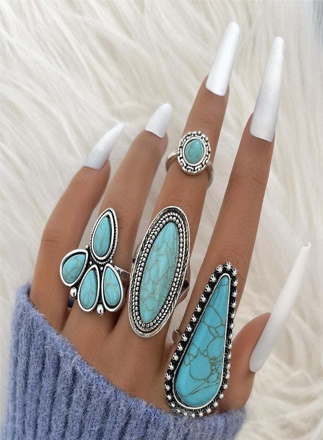 kepvrio Turquoise Ring for Women Bohemian Stackable Knuckle Rings Set Boho Turquoise Finger Ring Vintage Oval Flower Starfish Teardrop Midi Snake Ring Western Rings Jewelry (Style-A) - Image 3