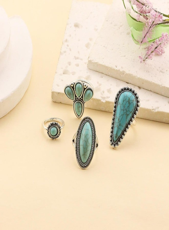 kepvrio Turquoise Ring for Women Bohemian Stackable Knuckle Rings Set Boho Turquoise Finger Ring Vintage Oval Flower Starfish Teardrop Midi Snake Ring Western Rings Jewelry (Style-A) - Image 2